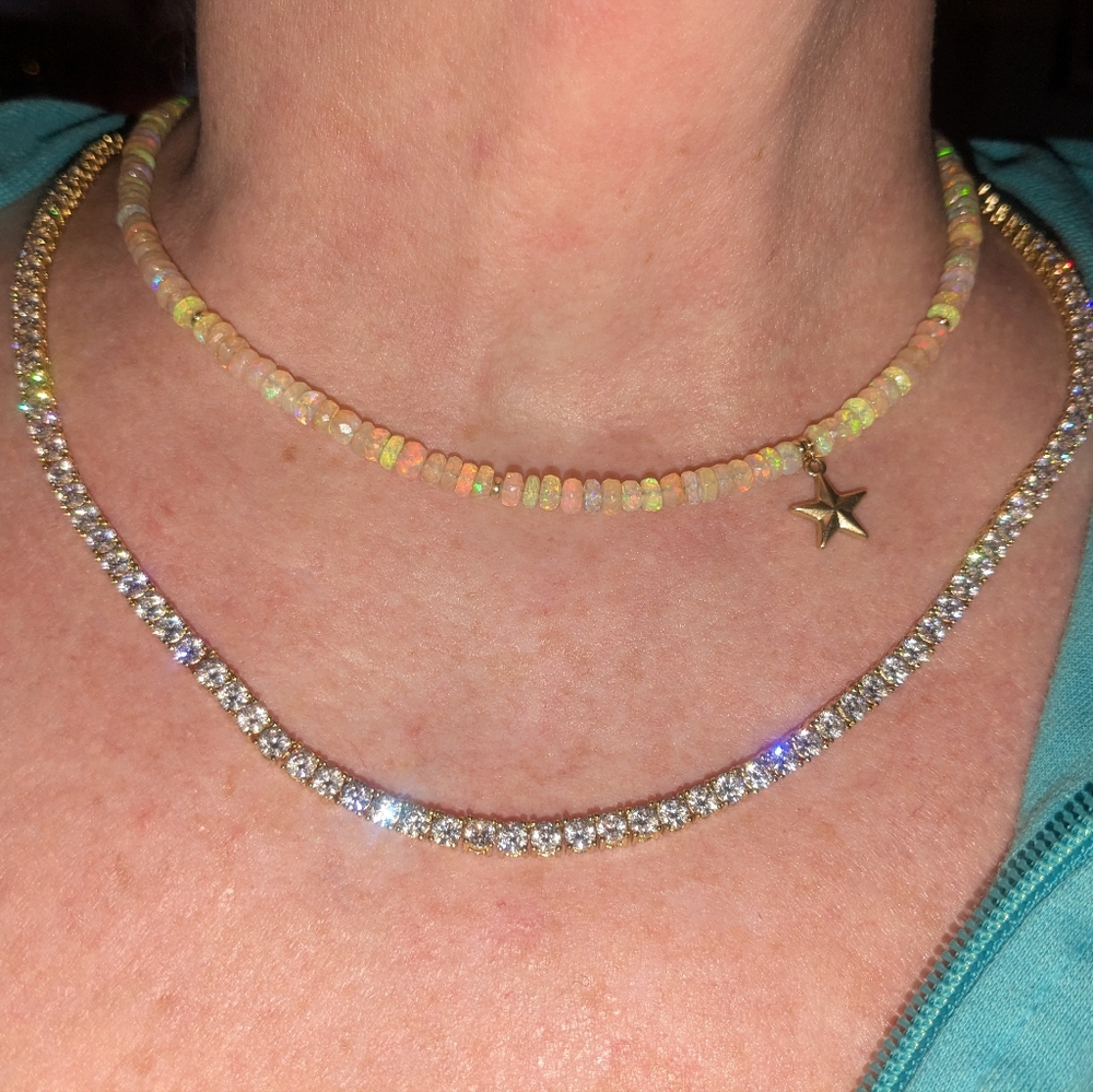 14k Yellow Gold Opal Beaded Necklace with Star Charm Celestial